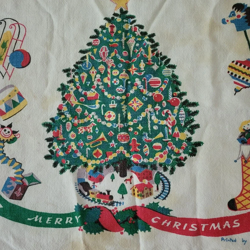 Vintage Hand Printed Linen Christmas Tea Towel Mid Century Retro Holiday Decor